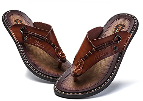 Herren Flip-Flops Leder Sommer Sandalen mit Bogenunterstützung und Weiches Fußbett Strandpantoffeln(Size:43 EU,Color:Braun)