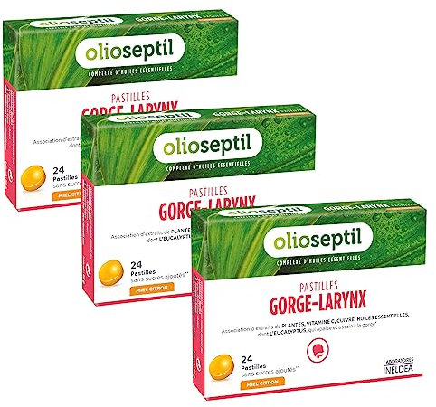 OLIOSEPTIL - Pastilles à Sucer Gorge-Larynx - Sans Sucres Ajoutés - Extraits de Plantes, Vitamine C, Cuivre et Huiles Essentielles - Apaise et Assainit la Gorge - Goût Miel Citron - Lot de 3