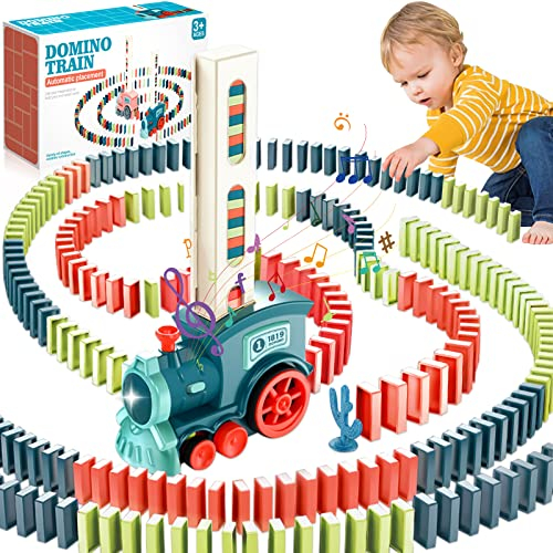 NCKIHRKK Domino Zug Set, 160 Stück Domino Bausteine, Elektrischer Zug mit Licht und Ton, Pädagogisches Spielzeug für Mädchen und Jungen ab 3 Jahren (Blau)