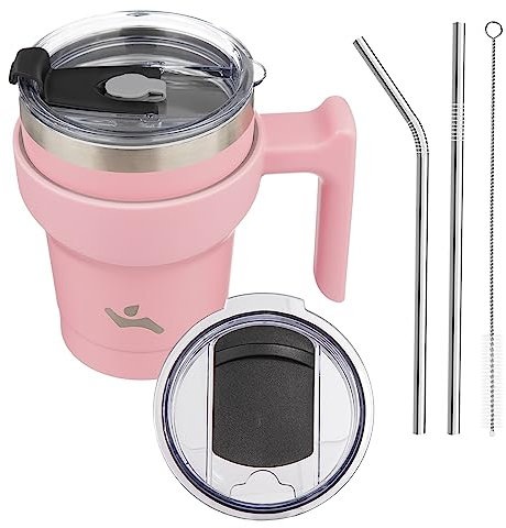 Konokyo Bicchiere termico da 295 ml con manico e 2 cannucce, 2 coperchi, bottiglia d'acqua termica in acciaio inox, tazza da viaggio riutilizzabile, rosa chiaro