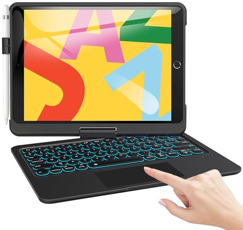 TECURS Clavier pour iPad 9eme Generation 10.2, Rotatif à 360° Coque pour iPad air 3/Pro 10.5 Etui Clavier avec Rétro-Éclairé, Smart Trackpad, Bluetooth sans Fil Clavier AZERTY, Pen Holder, Noir