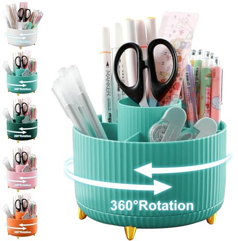 Drehbar Schreibtisch Organizer Kinder, 360° Rotierende Große Kapazitätstifte Schreibtisch Stiftehalter mit 5 Fächern, Aesthetic Schreibwaren Stifte Organizer für Büro, Schule, Zuhause (Blau)