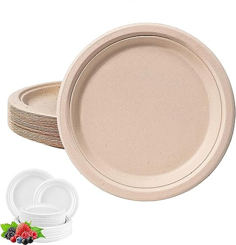 YAAVAAW Plato Desechables Redondos Marrón 10 pulgadas,50 piezas Plato de Papel Fibra de Caña de Azúcar Robusto Compostables Ecológicos y Biodegradables para Picnics Barbacoas y Fiesta Cumpleaño