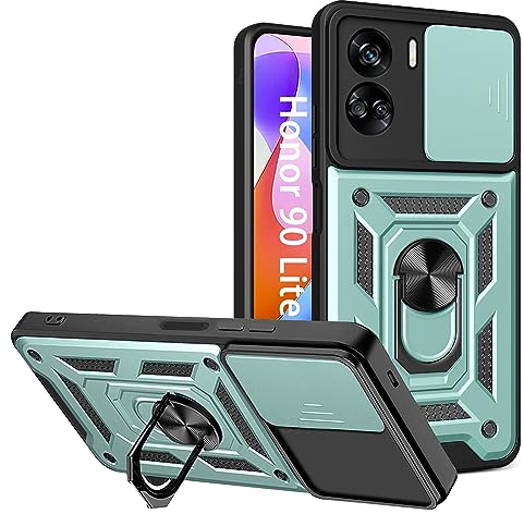 ESTH® Coque pour Honor 90 Lite 5G avec Lentille Coulissante Couverture et Support Rotatif, Anti-Chute Étui Housse Compatible avec Support De Voiture Magnétique, Vert