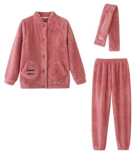 Jamron Donna Uomo Coppie Pigiama Invernale in Pile Corallo Set Pigiama 3 Pezzi con Sciarpa Morbido Caldo Loungewear Abbigliamento da Notte Fucsia L