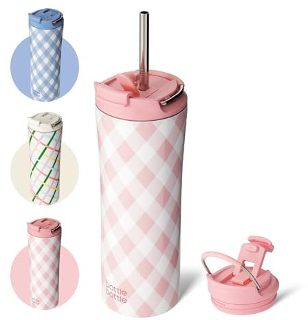 Bottle Bottle Insulated Travel Mug with Straw and Dual-use Lid Stainless Steel Coffee Cup 500ml(18oz) Thermal Iced Coffee Flask Tumbler with Handle(Rosette)