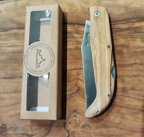 PALLARES Navaja Artesana Pedraforca.Mango de Olivo.Hoja de Acero Inoxidable de 9cm.