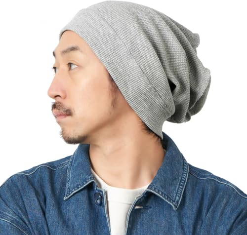 CHARM Herren Damen Dünne Sommer Strick Hut Long XXL Beanie Baumwolle Strickmütze Großer Kopf Waffel Jersey Stoff Hell Grau