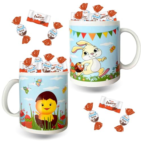 Assortiment de Chocolats de Pâques | 2 Mugs Poussin et Lapin garnis de 20 bonbons de chocolats : Kinder Schokobons et Mini- Bueno | Coffret Idéal à Offrir ou à Cacher