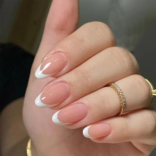 24Pcs Faux Ongles Amande Court Artificiels Ongles à Presser Blancs Français Ongles à Coller Acrylique Capsules Ongles Couverture Complète Glossy Press on Nails pour Femmes et Filles