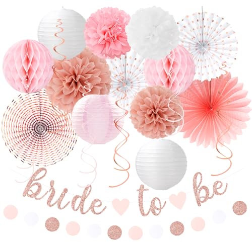 Light-Pink Rose-Gold Bachelorette Party-Decorations - 21pcs Baby Bridal Shower Banner Garland, Bride To Be Paper Streamers Lanterns,flower Tissue Pom Poms Fan Supplies,Wedding Backdrop Decor Huglony