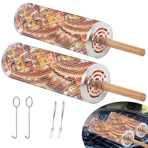 2 Cestas de Parrilla Rodante Con Mango de Madera, Acero Inoxidable Para Barbacoa, Accesorios Para Verduras y Carne, Regalo
