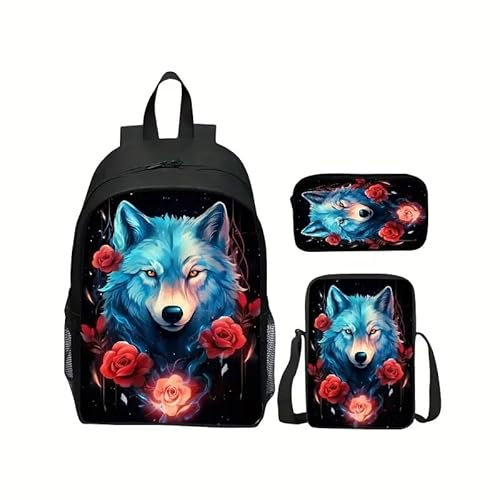 Wilder Wolf Katzen Muster Druck Rucksack 3D Gedruckte Kinder Schultasche Cartoon Schultasche Geeignet Für Kinder Rucksack und Schule Oder Reisen (Wolf7)