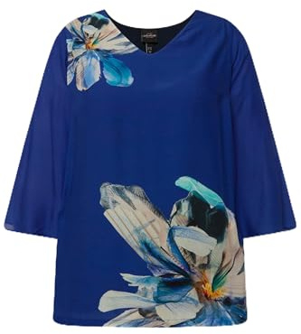 Ulla Popken Damen große Größen Übergrößen Plus Size Bluse, Blüten, Oversized, V-Ausschnitt, 3/4-Glockenärmel Dunkles Saphir 46+ 828536740-46+