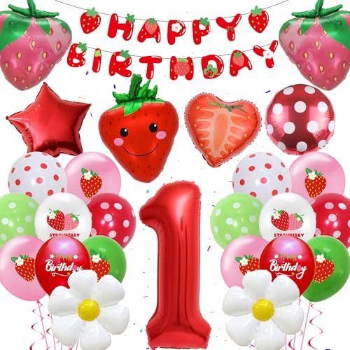 Erdbeer Ballons Deko 1.Geburtstag Mädchen - 39 Stück Erdbeeren Deko, Happy Birthday Banner, roter Folienballon Nummer 1, süße Erdbeer Gänseblümchen Ballons für Mädchen Sweet Ersten Geburtstag