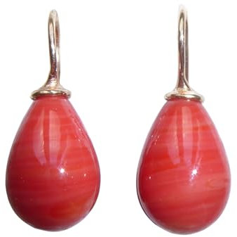 Stilvolle korall-rote Glas-Ohrringe Ohr-Hänger Tropfen-Ohrringe Bügel aus Sterling-Silber rotvergoldet Handarbeit Geschenk Designer Heide Heinzendorff