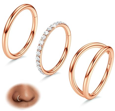 BodyBonita 3 Stück Nasenpiercing – 316L Edelstahl Doppelt Reifen Nasenring 16G CZ Septum Piercing Helix Conch Tragus Daith Ohrring lippenpiercing Schmuck Hypoallergen Frauen Männer Roségold 7mm