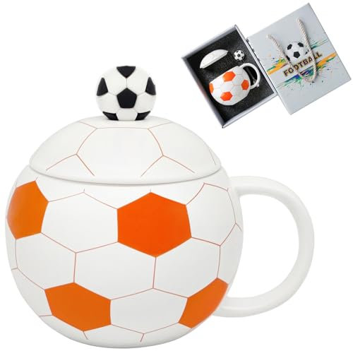 Cute Mugs 14oz Unique Ceramic Coffee Mug with Lid and Spoon, Funny Mugs Cereal Bowl Soccer Gifts for Coaches Fans Players, Gag Sports Cool Stuff Cups Soccer Mom Teacups Retirement Gifts, Orange