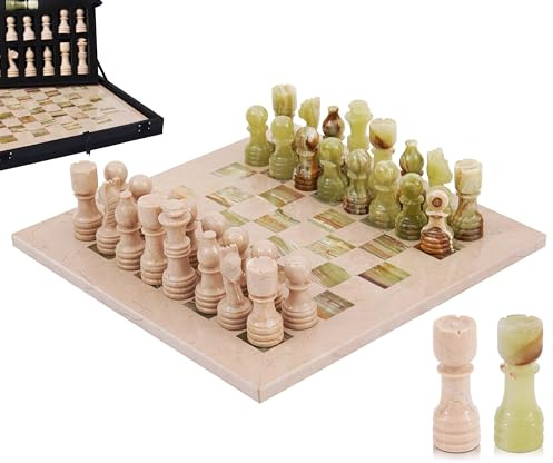 Marmor-Schachspiel 30,5 cm – handgefertigt mit 32 Figuren, 2 Extra-Königinnen & Box. Luxuriöses Reisespiel & Elegantes Geschenk zur Deko. Für Erwachsene (Verona & Green)