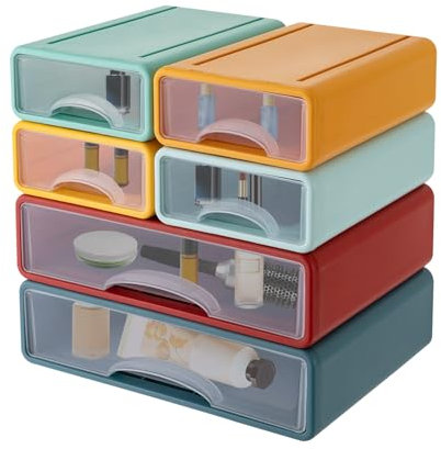 Schreibtisch Organizer 6 Fächer Geschlossenen Schubladen Stapelbar Plastik Büro Schubladenbox mit Griffe, Bürobedarf Tisch Organizer für Zuhause Büro, 34 x 25 x 33 cm (Bunt)