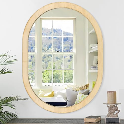 JJUUYOU Ovaler Badezimmerspiegel, Holzrahmen, 65 x 45 cm, Wanddekoration, moderner Spiegel für die Wand mit abgerundeten Ecken, Eingangsbereich, dekorativ, Bauernhaus, Waschtisch, Holz