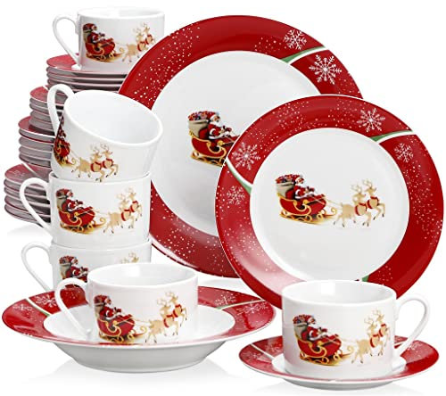 OOMRNV Juegos de vajillaJuego de vajilla navideña de Porcelana de 30 Piezas con Taza, platillo, Plato de Postre, Plato Hondo y Plato de Cena Juego de vajilla de Cocina de Regalo