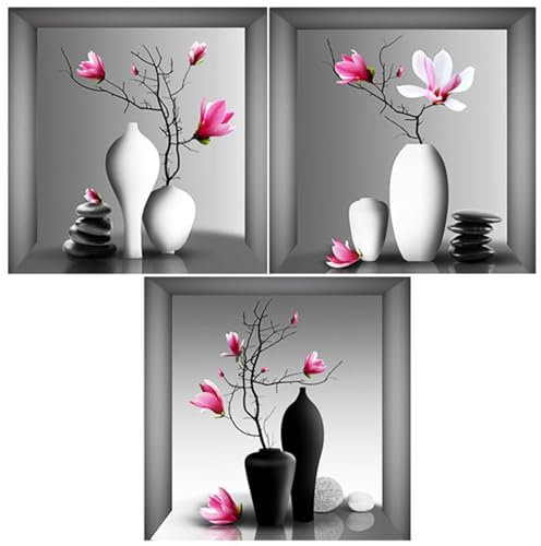 Duronge 3 Stücke 3D Vase Wandaufkleber, Vase Wandtattoo Wohnzimmer, 3D Blumen Vasen Wandtattoo für Schlafzimmer Wohnzimmer Kinderzimmer, 30 * 30cm
