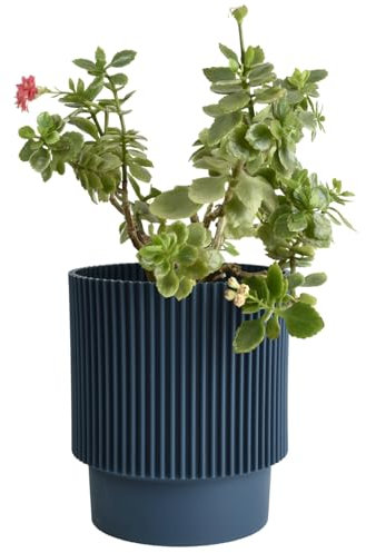 B2C Plant Pots Flower Planter 3 Colours 3 sizes Plastic Pot Modern Elegant Textured Modern Home Garden Indoor Outdoor use Convex stripes (Dark Blue, W17cm x H19cm)