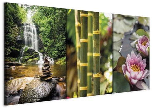 murando - Set Akustik-Wandbilder 3 tlg Wanddeko Collage 3er 180x90 cm (je 60x90 cm) – Leinwandbild Wohnzimmer Schlafzimmer - Orientalische Natur - Wasserfall Lotusblume im Zen-Stil p-B-10013-b-a