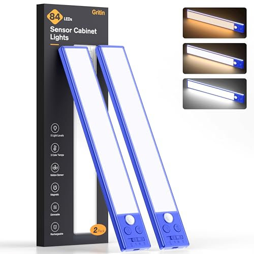 Gritin Lampe de Placard- 84 LED Super Lumineuses,3 Couleurs&5 Luminosités,4 Modes,Capteur de Mouvement, Rechargeable 1800mAh Longue Durée -Installation Facile Lampe d'Armoire Magnétique,Bleu Foncé