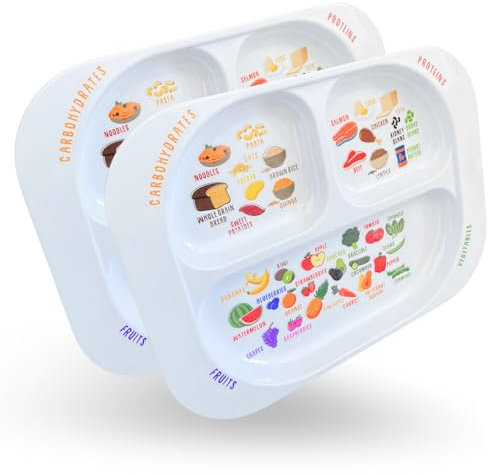 j&m Healthy Learning Plate, Divided Portion Control with Sections to Learn Nutrition, Food Groups & Portion Sizes, Dishwasher-Safe (2 Pack)