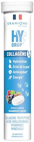 GRANIONS HYDROP - Pastilles Hydratation - Framboise/Cassis - SANS SUCRES - Enrichi en Collagène - Fabriqué en France - Electrolytes Hydratation - Vitamines, Minéraux - 18 Pastilles Effervescentes