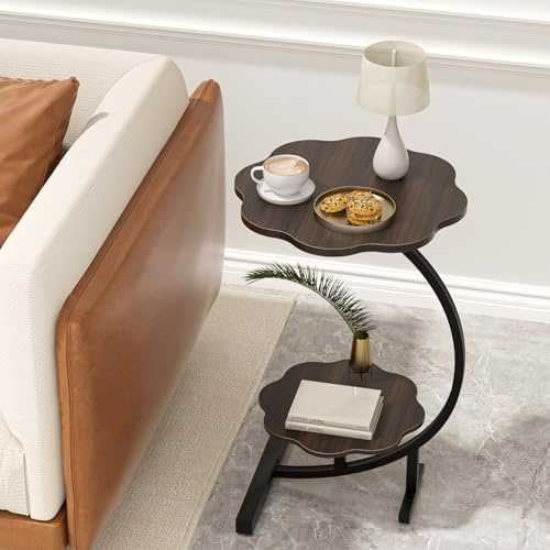 DAYONE Flower Shape Side Table, 2-Tier Plant Stand Storage Shelf, Walnut Wood Effect & Strong Carbon Steel Frame, Multi-Use End Table, Bedside, Sofa Side Corner Table for Living Room, Bedroom Balcony