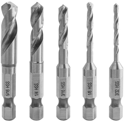 Gasea 5pcs 1/4 Quick Change Hex Shank Metal Stubby Short Drill Bit Set | HSS Right-angle Drill Attachment 3/32, 1/8, 3/16, 1/4, 5/16