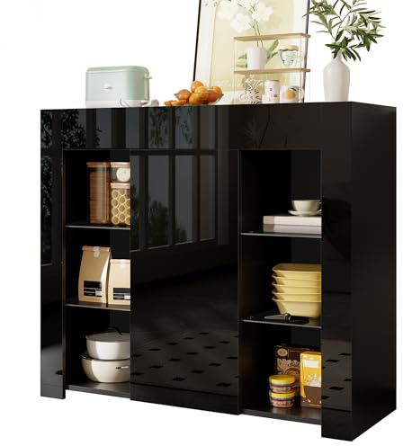 Azkoeesy Sideboard, Vitrine, Hochglanz-Front Weiß/Schwarz, 95 x 35 x 83 cm, Glasböden, Buffet Küchenschrank für Wohnzimmer & Esszimmer (schwarz)