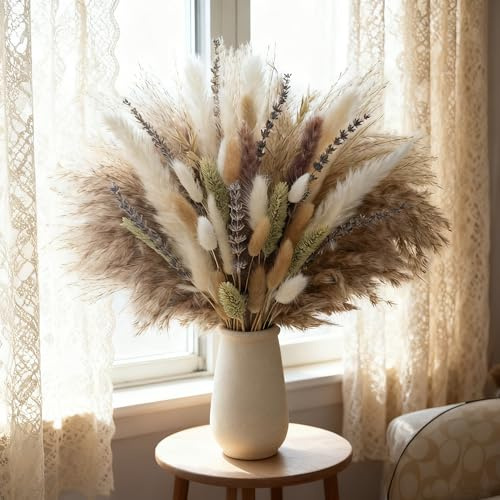 crafity 57 Stück Getrocknetes Pampasgras Trockenblumen Lavendel Bouquet Boho Tischdeko 44cm Pampasgras für Hochzeit Wohnkultur rustikale Dekorationen Wohnzimmer