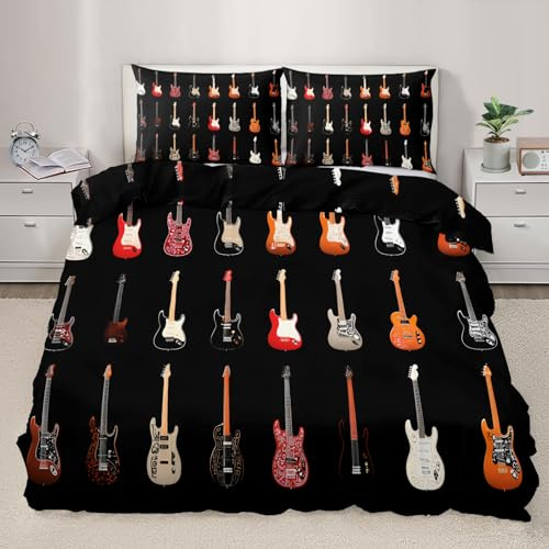 YEMYOR Guitar Comforter Cover Double 200x200 cm, Rock Music Theme Bedding Set, Vintage Guitar Duvet Cover with 2 Pillowcases