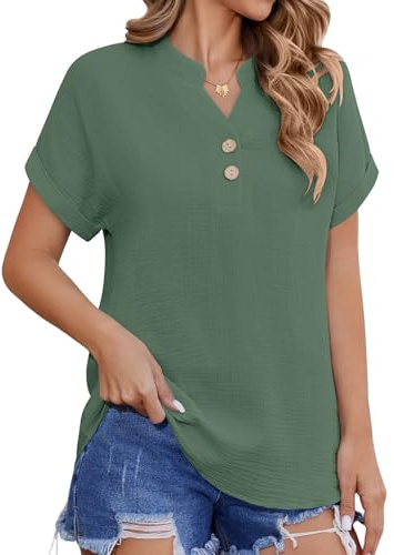 HEEKPEK Chemise Femme Haut Chic Et Élégant Coton Chemisier Col en V Manche Courte Tunique Tops Été Décontractés Ample Blouse Couleur Unie T Shirts avec Boutons(Vert lac,XL)