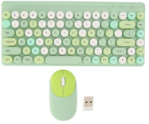 Kabellose Tastatur und Maus, Retro, bunt, runde Tastenkappe, 86 Tasten, Tastatur mit 2,4 G, kabellose Maus für PC, Laptop, Computer, Büro, Zuhause, ABS-Material, kompaktes Design (Grün)