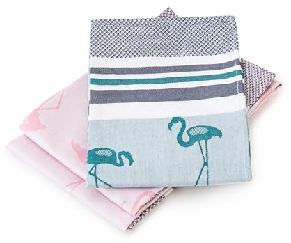 ZWOLTEX – Küche Handtuch Set, 3X Geschirrtüchern 50x70cm Flamingos, Saugfähige Lappen, 100% Organic Baumwolle 240g/m2 Tücher, Baumwolltücher mit Oeko-TEX Zertifikat - Rosa/Grün