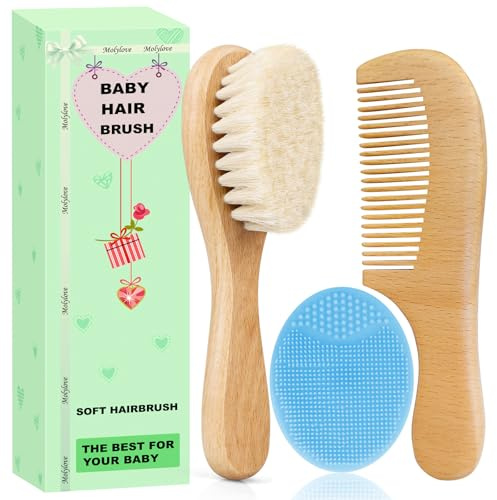 Molylove 3PCS Baby Hair Brush with Wooden Handle and Comb Set for Newborns & Toddlers | Natural Soft Goat Bristles l Wood Comb l Blue Cradle Cap Brush| Ideal for Cradle Cap