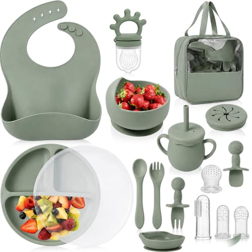 DooNuu 17-Pcs Baby Weaning Set, Baby Led Weaning Feeding Supplies for Toddlers,Baby Feeding Set, Baby Dinnerware Set, Baby Plates and Bowls Set – Green– BPA Free Baby Gifts & Presents