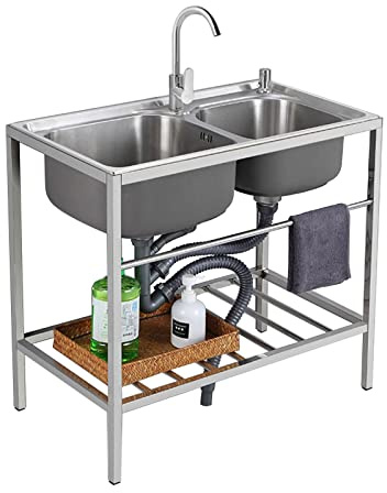 Stainless Steel Utility Sink Double Bowl, Freestanding Commercial Restaurant Sink Anti-Overflow with Tap & Shelves for Garden, Kitchen, Laundry Room, Garage, Outdoor 83 * 44 * 85cm