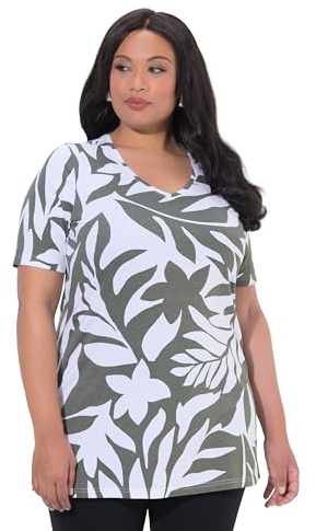 Ulla Popken Damen große Größen Übergrößen Plus Size Longshirt, Blätter, A-Linie, V-Ausschnitt, Halbarm olivgrau 58+ 847564200-58+