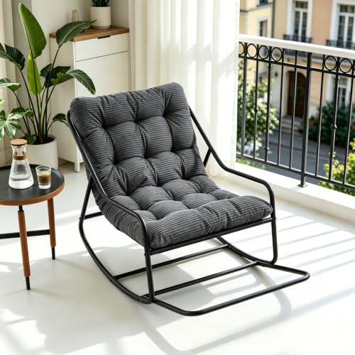Ball & Cast Schaukelstuhl für Drinnen & Draußen, Rocking Chair mit Gepolstertem Kissen und Fußstütze, Balkonsessel für Wohnzimmer, Garten & Terrasse, Grau