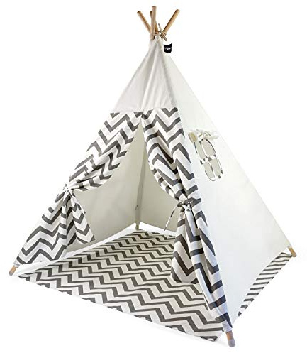 Hej Lønne Tipi Zelt Kinder Graue Zacken 120x120x150 cm mit Bodenmatte | Stecksystem, rutschfeste Füße, schadstofffreie Baumwolle