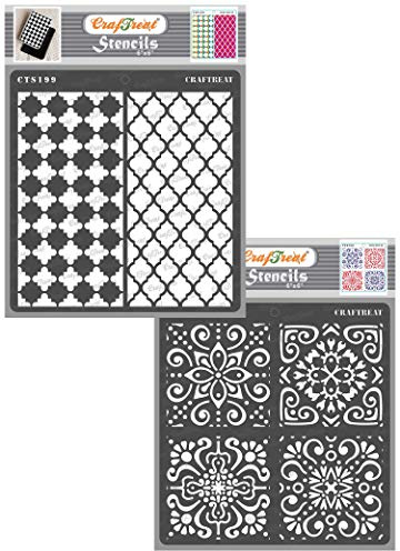 CrafTreat Reusable Moroccan Stencils for Furniture Painting - Moroccan Trellis and Moroccan Tiles (2 pcs)- Size: 6X6 Inches - Moroccan Stencil for Crafts Vintage - Moroccan Tile Stencil