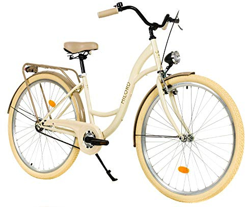 MILORD. 26 Zoll 1-Gang Creme Braun Komfort Fahrrad mit Gepäckträger Hollandrad Damenfahrrad Citybike Cityrad Retro Vintage