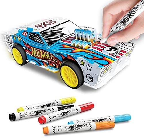 Hot Wheels by Bladez Toyz Make Your Own Car Art Set For Kids 6-12 with Markers - Hotwheels Racer Kit for Creative Play - Kids Colouring Sets and STEM Learning - Customizable & Eco-Friendly