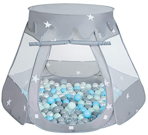 Selonis Baby Spielzelt Mit Plastikbällen Zelt 105X90cm/100 Bälle Plastikkugel Kinder, Grau:Perle-Grau-Transparent-Babyblau-Mint